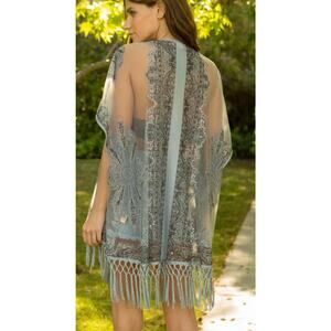 Hem & Thread Duster Kimono Sheer Top Cover One Size Fringe Boho Country Western